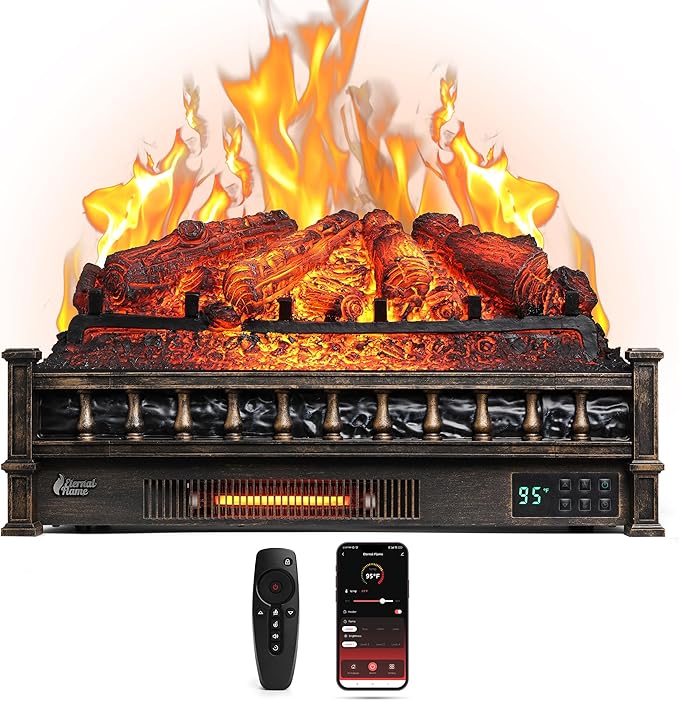 TURBRO Eternal Flame 26 in. WiFi Infrared Quartz Electric Fireplace Log Heater with Sound Crackling, Realistic Pinewood Logs, Adjustable Flame Colors, Remote Control, Thermostat, Timer, 1500W Bronze