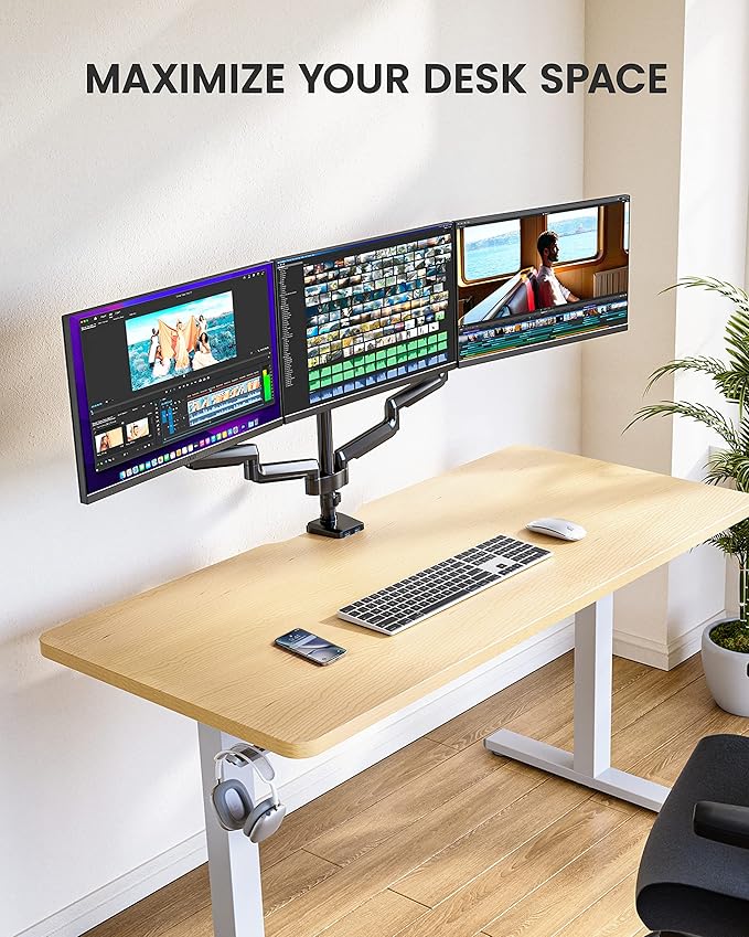 ErGear Triple Monitor Mount for 13-27 inch Screens, Triple Monitor Arms with USB, Heavy Duty Three Monitors Stand with Tilt, Swivel, Rotation, Holds Up to 17.6 lbs Each Arm