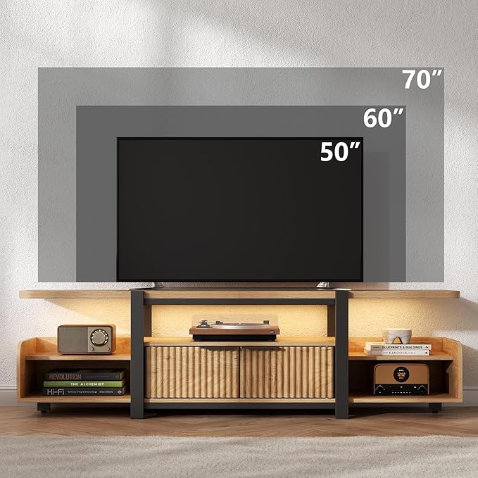 TV Stand with LED Lights and Storage cabinet for TVs up to 55"/65'', Modern Entertainment Center with Open Shelf, TV Cabinet, Media Console Table with Fluted Doors for Living Room, Bedroom, Oak