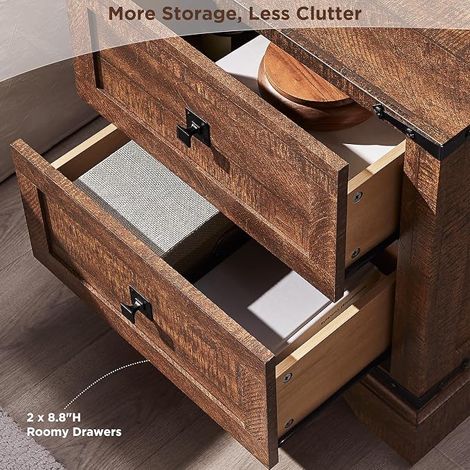 T4TREAM 24" Farmhouse Nightstand with Charging Station, Large End Table with 2 Storage Drawers, Rustic Wood Sofa Bedside Table for Bedroom, Reclaimed Barnwood Color
