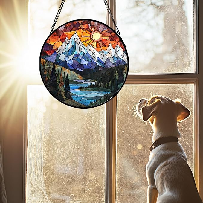 AMDERVEN Stained Glass Window Hanging - Colorful Mountain Lake Landscape Sun Catcher for Door Garden Home Decor Suncatcher Christmas Mother's Day Birthday Gifts for Women Men Mom Nana 15 in