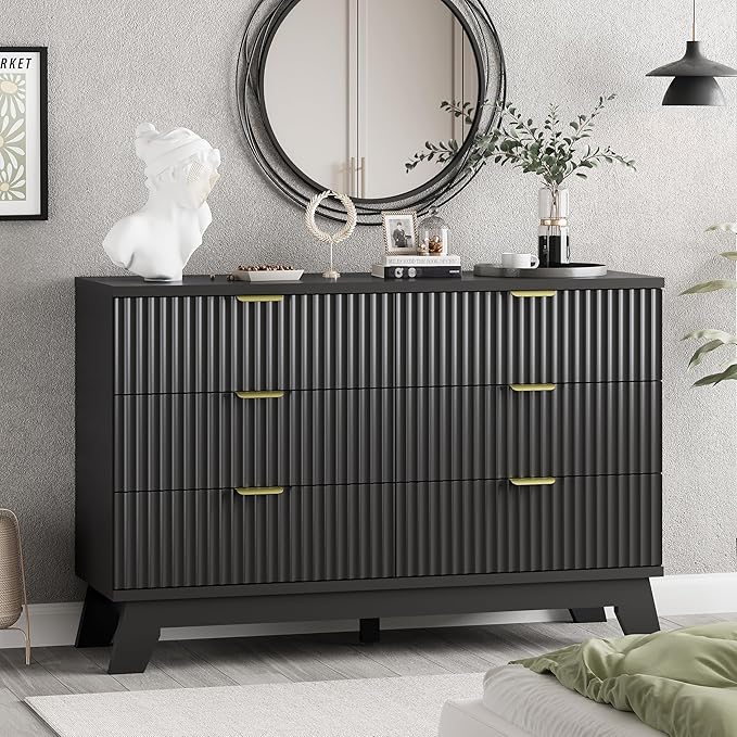 Xixini Fluted Dresser for Bedroom with 6 Drawers, 48" Wide Wooden Chest of Drawers with Metal Handle, Modern Dresser TV Stand, Wood Closet Clothes Storage Organizer for Living Room, Hallway, Black