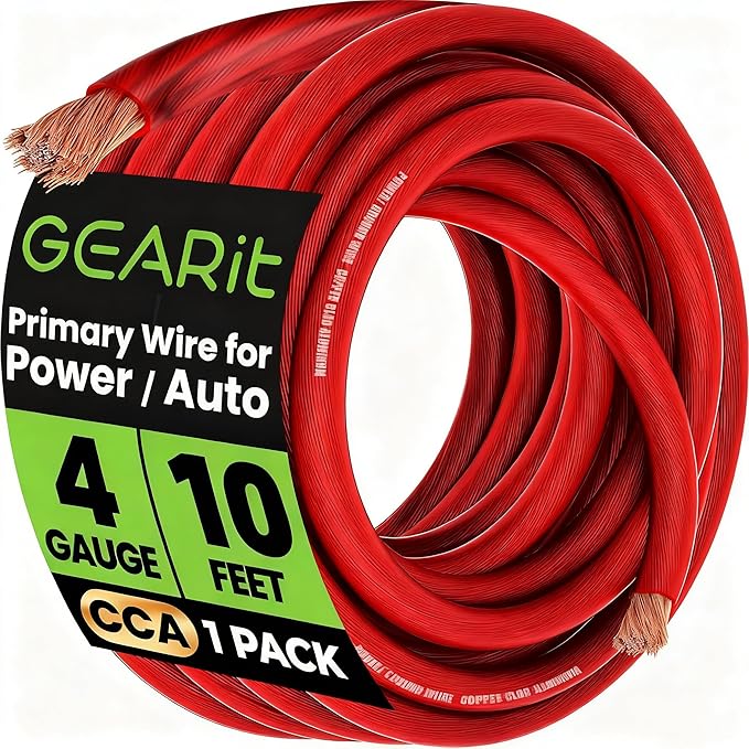 GEARit 4 Gauge Wire (10ft - Red Translucent) Copper Clad Aluminum CCA - Primary Automotive Wire Power/Ground, Battery Cable, Car Audio Speaker, RV Trailer, Amp, Electrical 4ga AWG 10 Feet