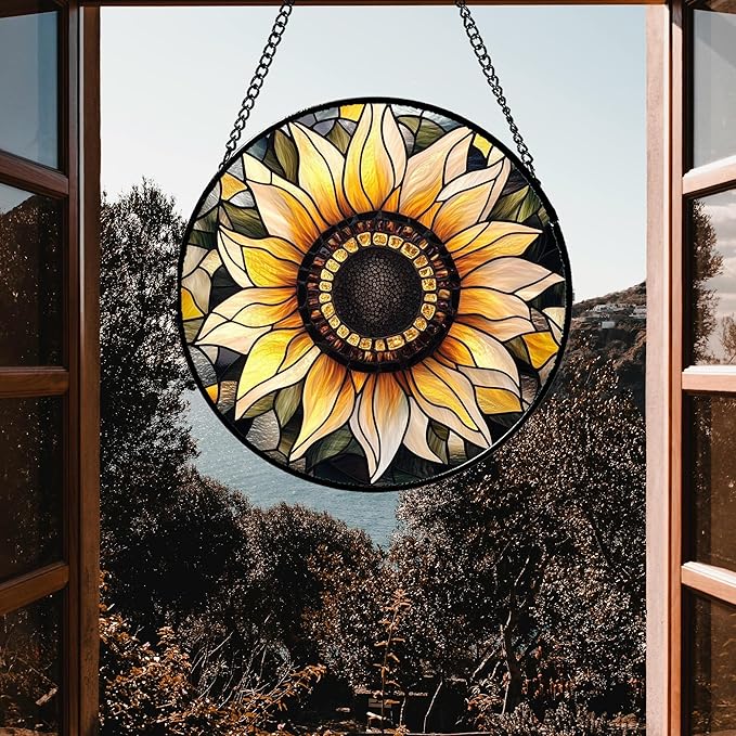 CRISGIF Stained Glass Window Hanging - Sunflower Suncatcher for Door Garden Patio Retro Flower Sun Catchers Decor Christmas Mother's Day Birthday Gifts for Women Mom Nana Friend Wife 7.8 in