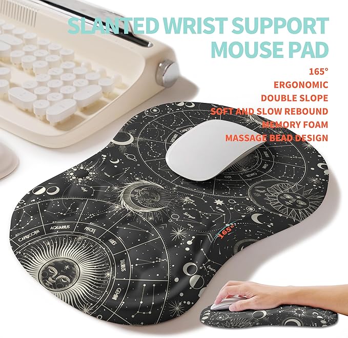KUOSGM 2-in-1 Ergonomic Set, Wave Rise Keyboard Wrist Rest and Massage Bulge Slope Mouse Pad Wrist Support, Cushion Memory Foam Integrated to Relieve Wrist Pain, Constellation