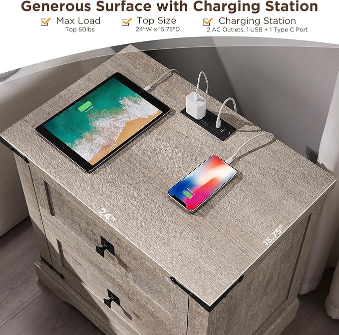T4TREAM 24" Farmhouse Nightstand with Charging Station Set of 2, Large End Table with 2 Storage Drawers, Rustic Wood Sofa Bedside Table for Bedroom, Light Rustic Oak
