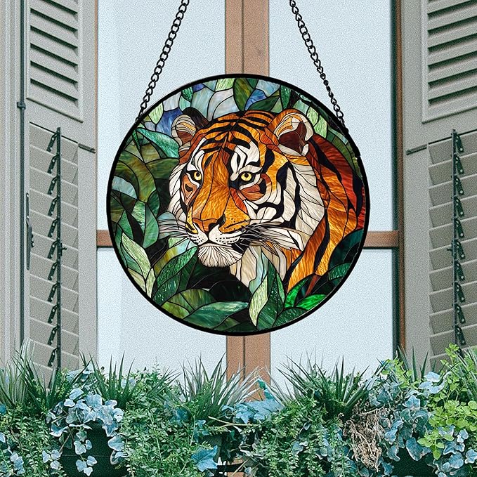 AMDERVEN Stained Glass Window Hanging, Fierce Tiger Sun Catcher for Door Home Decor Wild Animals Suncatcher Christmas Mother's Day Birthday Gifts for Women Men Mom and Nana 7.8 in