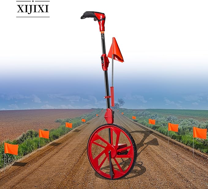 XIJIXI Distance Measuring Wheel in feet,Measure Wheel,Collapsible Rolling Measurement Wheel,12.5”Diameter Wheel,With One key to Zero,Upgrade Flag Holder,With 10 Survey Flags(Red）