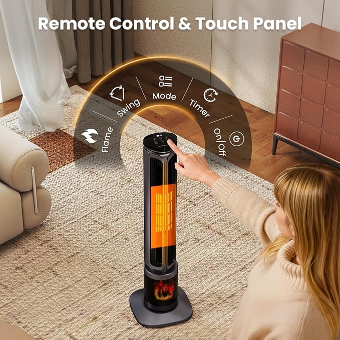 Zynkez 34.5" Space Heaters for Indoor Use Large Room, 1500W PTC Tower Fireplace Heater with 3D Flame, Room Heater w/Remote Control,12H Timer & Oscillation, Portable Electric Heaters for Bedroom, Grey