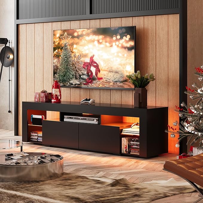 WLIVE 63 inch TV Stand for 50 55 60 65 70 75 Inch TVs, Modern Entertainment Center with LED Lights & 2 Large Storage Drawers, TV Console Gaming Media Television Stands for Living Room, Bedroom(Black)