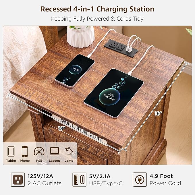 T4TREAM Farmhouse Nightstand Set of 2, 18" Sofa Side Table with Charging Station, Wooden End Table w/Roman Column, Bedside Cabinet for Bedroom, Living Room, Reclaimed Barnwood