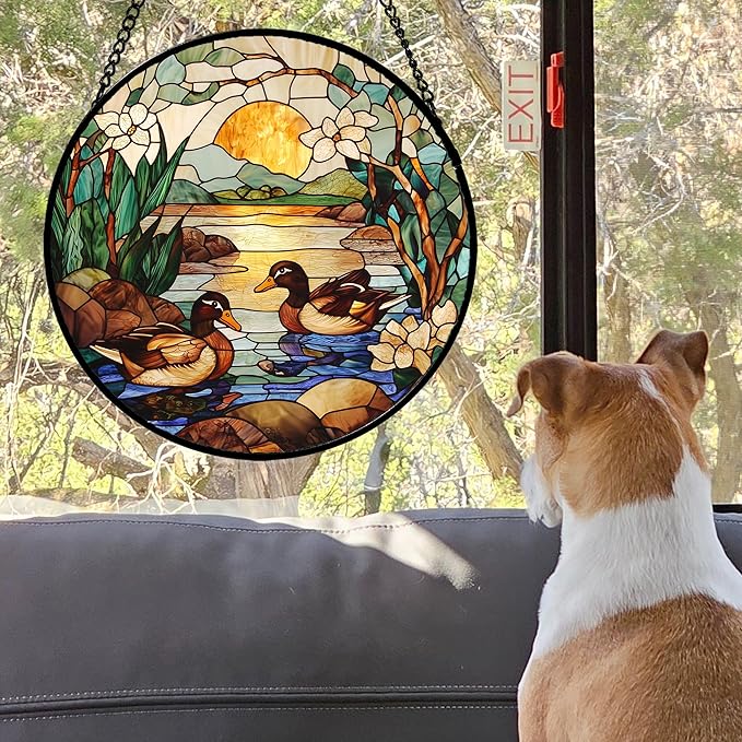 AMDERVEN Stained Glass Window Hanging, Ducks in The Pond Sun Catcher for Door Home Decor Landscape Plant Suncatcher Christmas Mother's Day Birthday Gifts for Women Men Mom Nana 9.8 in