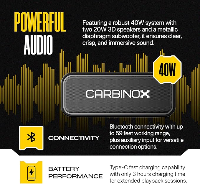 CARBINOX Portable Bluetooth Speaker with IPX7 Waterproof, Type-C Fast Charging, 3D Surround Sound, 18m Range, Black