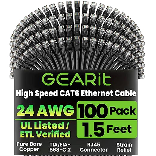 GEARit Cat 6 Ethernet Cable Pack - 100-Pack 1.5 ft Cat6 Ethernet Patch Cables | RJ45 Network Patch Cable, 10 Gbps Snagless Gold-Plated Connectors - Ethernet Cable Cat 6 for PC, TV, Router - Black