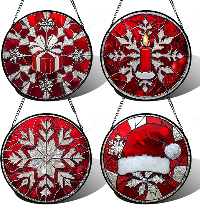 DASTOLL Stained Glass Window Hanging 4 Pcs Set Red Christmas Decorations Theme Large 11.8" - Suncatcher Door Garden Sun Catcher Decor Birthday for Mom Woman Nana Men Friend Wife