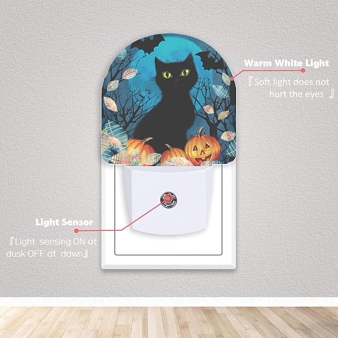 Axxitude Halloween Black Cat Bat Pumpkins Night Lights Plug into Wall for Girls Boys Room,Night Light LED Lamp Dusk to Dawn Sensor Round Lamp for Bedroom Bathroom Hallway Home Wall Decor Nightlight