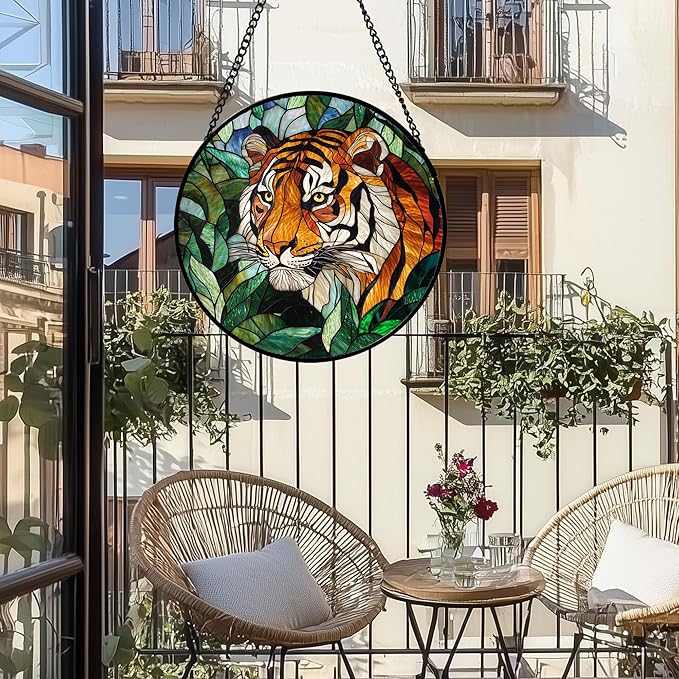 AMDERVEN Stained Glass Window Hanging, Fierce Tiger Sun Catcher for Door Home Decor Wild Animals Suncatcher Christmas Mother's Day Birthday Gifts for Women Men Mom and Nana 9.8 in