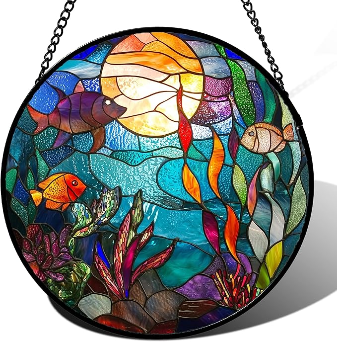 AMDERVEN Stained Glass Window Hanging - Blue Ocean World Small Fish Coral Sun Catcher for Door Garden Home Decor Sea Suncatcher Christmas Mother's Day Birthday Gifts for Women Men Mom Nana 15 in