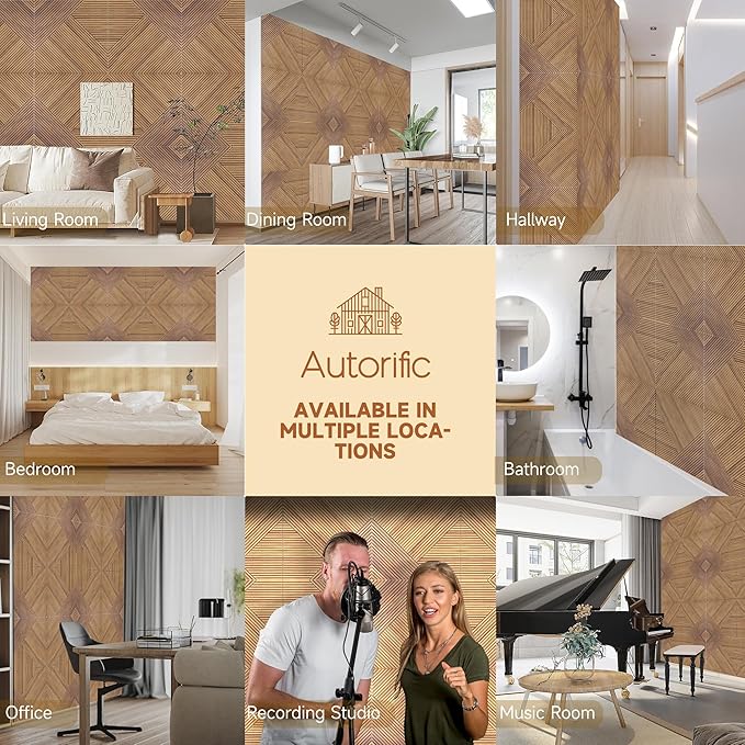 Autorific Acoustic Wall Panels,6 Pack Total Size 72 x 48 Inches,Self-Adhesive Decorative Acoustic Panels for Wall and Ceiling,3D UV Printing with Wood Look,Beech