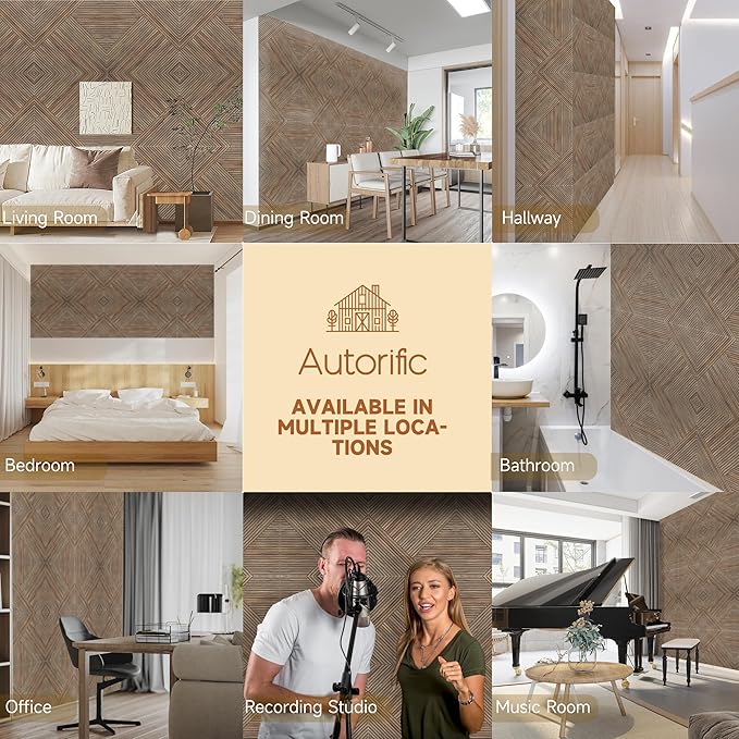 Autorific Acoustic Wall Panels,6 Pack Total Size 72 x 48 Inches,Self-Adhesive Decorative Acoustic Panels for Wall and ceiling,3D UV Printing with Wood Look,Natural Walnut