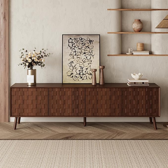 Virubi Mid-Century Modern TV Stand, Entertainment Center with 4 Doors Media Console for TVs up to 80 Inch, Television Stands with Cable Management for Living Room