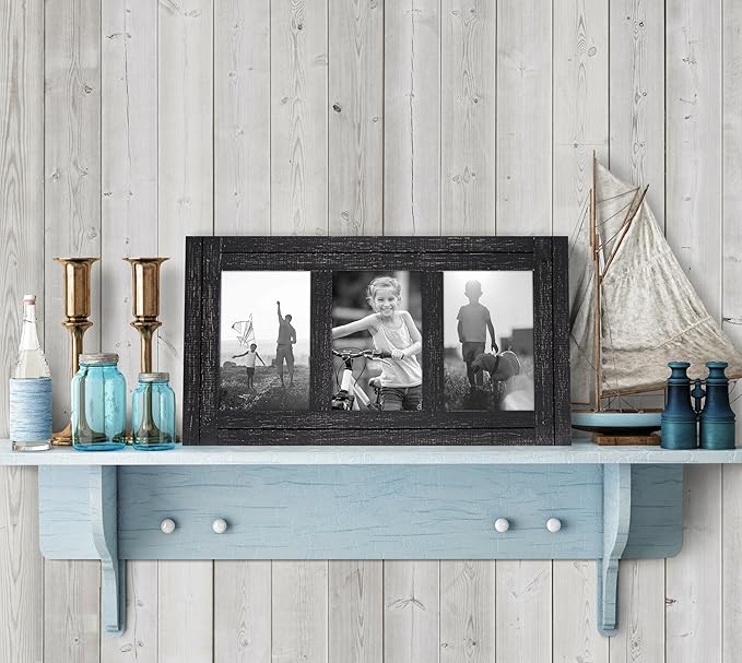 Americanflat Hinged 4x6 Triple Picture Frame with 3 Photo Openings and Polished Glass - Distressed Wood Collage Picture Frames for Tabletop and Wall Display - Hampton Collection - Charcoal Black