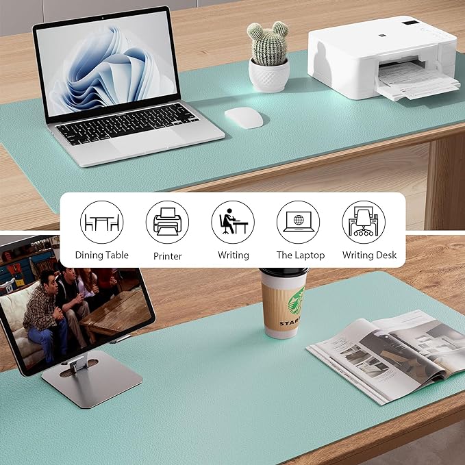 Aothia Leather Desk Pad Protector, Mouse Pad,Office Desk Mat, Non-Slip PU Leather Desk Blotter, Laptop Desk Pad, Waterproof Desk Writing Pad for Office and Home (36" x 17", Light Blue)