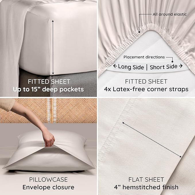 Bambaw 100% Viscose Derived from Bamboo Sheets Full Size Set – 4pcs Cooling Sheets Full Size, Perfect for Hot Sleepers, Luxury & Buttery Soft Sheet Set, with Elastic Corner Straps (Sand)