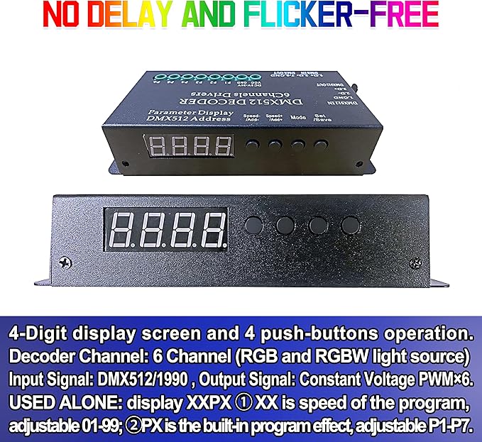 CANRIA DC 5V-24V 6 Channel DMX512 Decoder LED Controller, for RGBRGB RGBW RGBWW RGBWWW LED Strip Light, 4-Digit Display