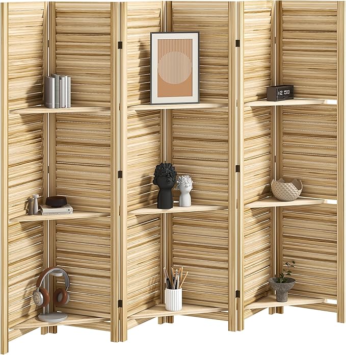 HOMCOM Room Divider, 6 Panel 67" Tall Wood Privacy Screen with 3 Display Shelves, and Folding Storage for Bedroom or Home Office, Natural Wood