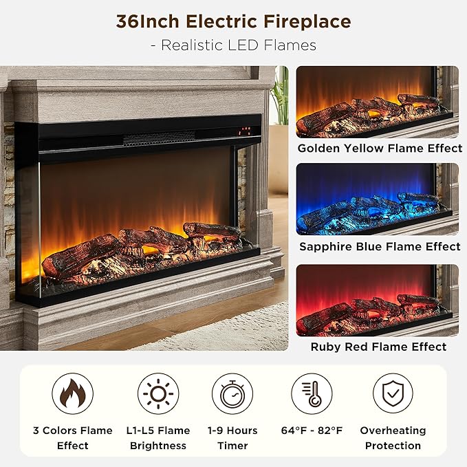 OKD 52 Inch Electric Fireplace with Mantel, Fireplace TV Stand with 36" 3-Sided Glass Electric Fireplace Heater for Living Room (Light Rustic Oak)