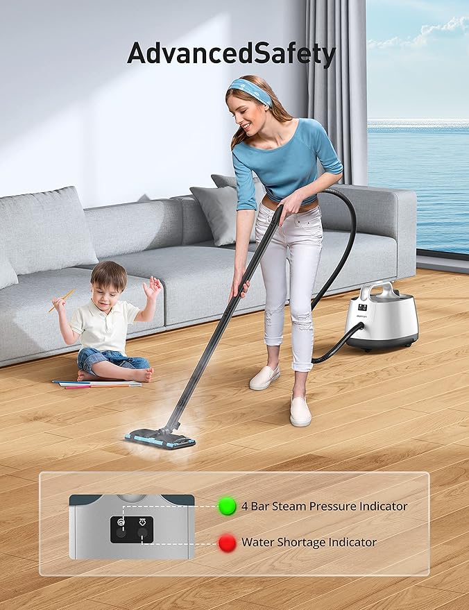 Aspiron Steam Cleaner, 293°F 58 PSI Powerful Multipurpose Handheld Steam Mop for Home Use, 21 Attachments, 50Oz Capacity, Heavy Duty Steamer for Carpets, Floors, Cars, Tiles, Crack Cleaning, Silver
