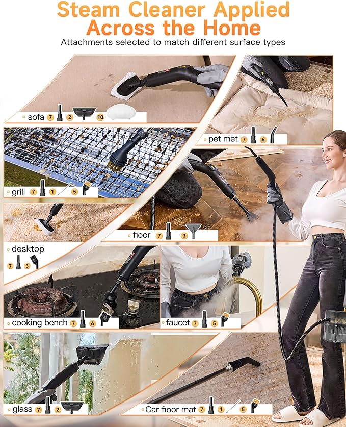 Gautye Steam Cleaner, 3 Level Adjustable Handle, 10s Heat Up, 2.11 Quarts Tank, Handheld Steam Cleaner with 18 pcs Accessories, Steam Cleaner for Home for Floor, Dirt, Grease, Grout, Tile, Car