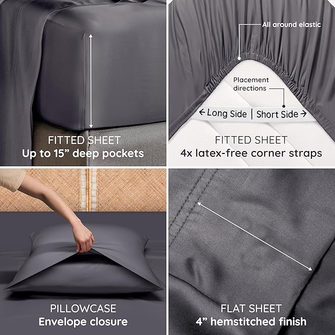 Bambaw 100% Viscose Derived from Bamboo Sheet Set Full Size – 4pcs Cooling Sheets for Hot Sleepers, with Elastic Corner Straps, Soft Bedding Set, Luxury Sheets Full Size (Charcoal)