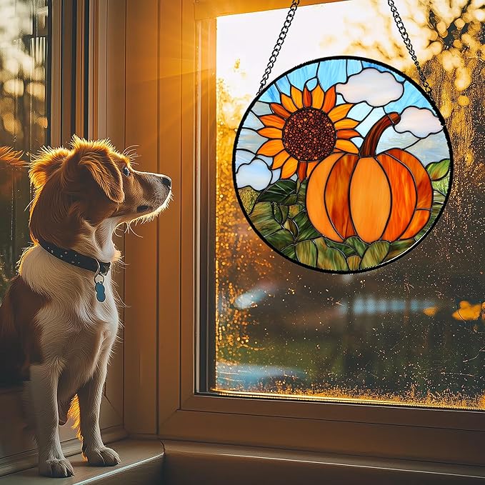 DASTOLL Stained Glass Window Hanging Fall Farm Scenery Sunflower Pumpkin 7.8" - Suncatcher Door Garden Kitchen Sunroom Sun Catcher Home Decor Birthday for Mom Grandma Men Woman