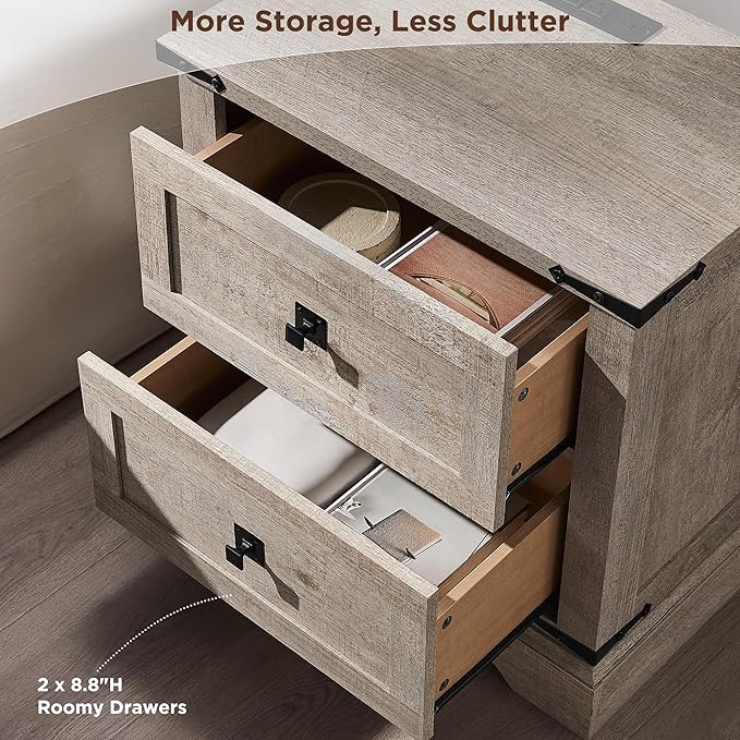 T4TREAM 24" Farmhouse Nightstand with Charging Station Set of 2, Large End Table with 2 Storage Drawers, Rustic Wood Sofa Bedside Table for Bedroom, Light Rustic Oak