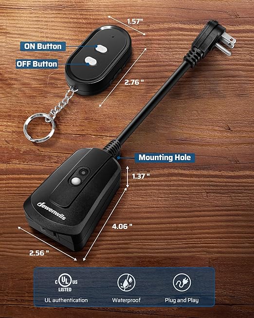 DEWENWILS Remote Control Outlet with 2 Wireless Remotes, Weatherproof Remote Control Light Switch, 15 amp Heavy Duty Remote Controlled Light Switch, 100 FT, No Interference, UL Listed