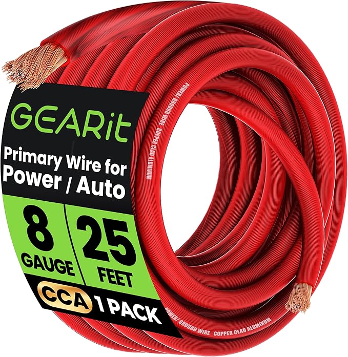 GEARit 8 Gauge Wire (25ft - Red Translucent) Copper Clad Aluminum CCA - Primary Automotive Wire Power/Ground, Battery Cable, Car Audio Speaker, RV Trailer, Amp, Electrical 8ga AWG 25 Feet