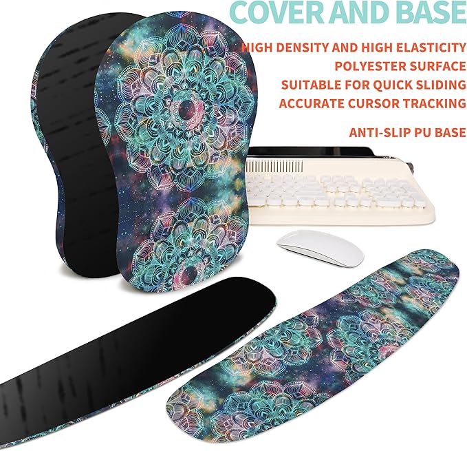 KUOSGM 2-in-1 Ergonomic Set, Wave Rise Keyboard Wrist Rest and Massage Bulge Slope Mouse Pad Wrist Support, Cushion Memory Foam Integrated to Relieve Wrist Pain, Galaxy Mandala