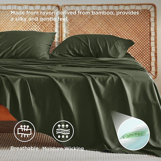 Bedsure California King Sheet Sets, Cooling Sheets, Rayon Derived from Bamboo, Breathable & Soft, Deep Pocket Up to 16 Inches, Hotel Luxury Silky Bedding for Hot Sleepers, Olive Green