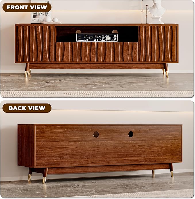 ATJafurn 66‘’ Brown Walnut Finish TV Stand for 48/55/65 Inch TVs, Mid Century Modern Wood Media Console Entertainment Center with 2 Drawers and 2 Cabinets for Living Room Bedroom