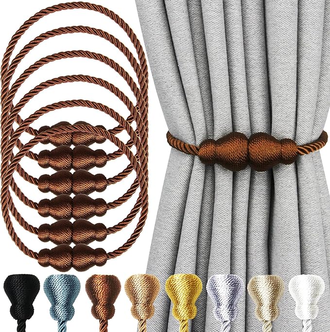 Nieffeiy Magnetic Curtain Tiebacks Outdoor Curtain Tie Backs Rope Decorative Magnetic Curtain Holders for Drapes Window Treatment Holdbacks, Coffee 6Pack