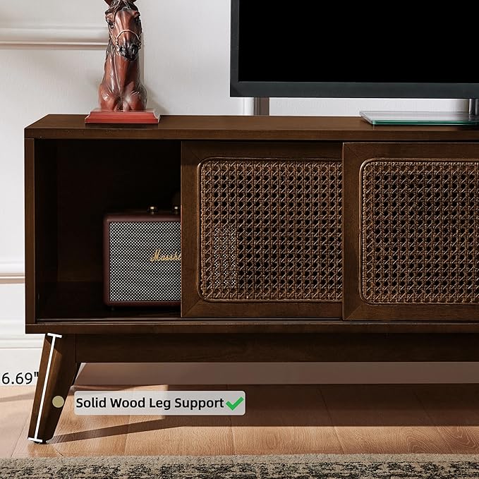 LKTART TV Stand for TVs up to 65'',Mid Century Modern Entertainment Center with Rattan Sliding Door,Boho Media Console for Living Room(Dark Walnut, 59")