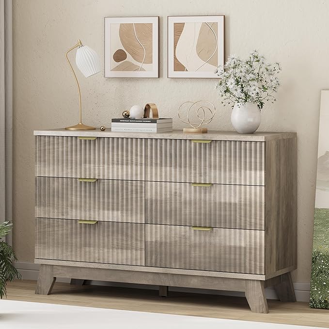 Xixini Fluted Dresser for Bedroom with 6 Drawers, 48" Wide Modern Chest of Drawers with Metal Handle, Wooden Dresser TV Stand, Wood Closet Clothes Storage Organizer for Living Room, Hallway, Grey