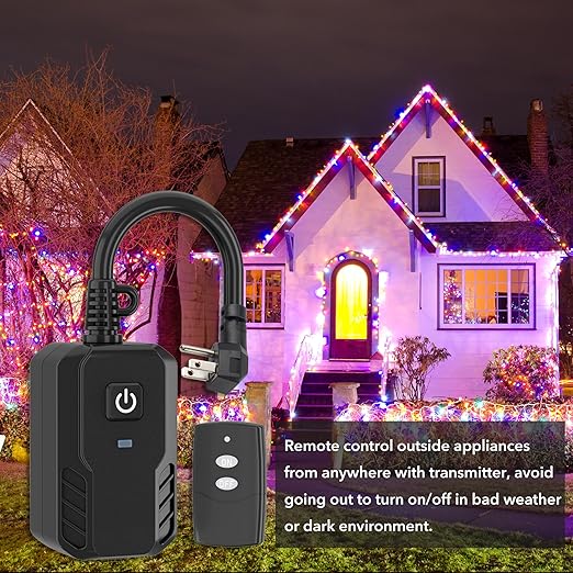 BN-LINK Outdoor Remote Control Outlet Plug Black,Indoor Wireless Outlet Switch Weatherproof Heavy Duty 15A 3-Prong 6-inch Cord 100Ft Range,3Pack(Battery Included)