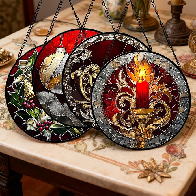 AMDERVEN Stained Glass Window Hanging 4 Pcs Set Christmas Golden Bell Sleigh Large 15" - Suncatcher Door Garden Sun Catcher Decor Birthday Mother's Day Xmas Gifts for Mom Woman Nana Men Parents