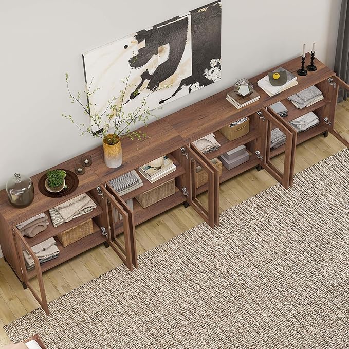 WAMPAT Modern TV Stand with Glass Doors for 120 inch TVs, 4 in 1 Entertainment Center Console with Adjustable Shelves and Metal Base for Living Room, Bedroom, Brown