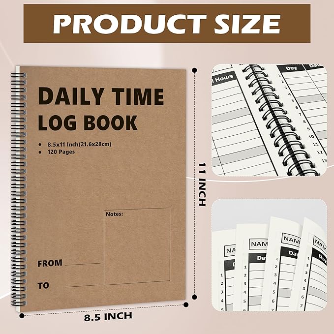 3 Pcs Daily Time Sheet Log Book Spiral 120 Pages 8.5x11 Inch Binder Work Hours - Image 2