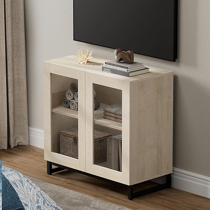 WAMPAT Modern TV Stand with Glass Doors for 32-40 inch TVs, Entertainment Center Console with Adjustable Shelves and Metal Base for Living Room, Bedroom, Light Oak
