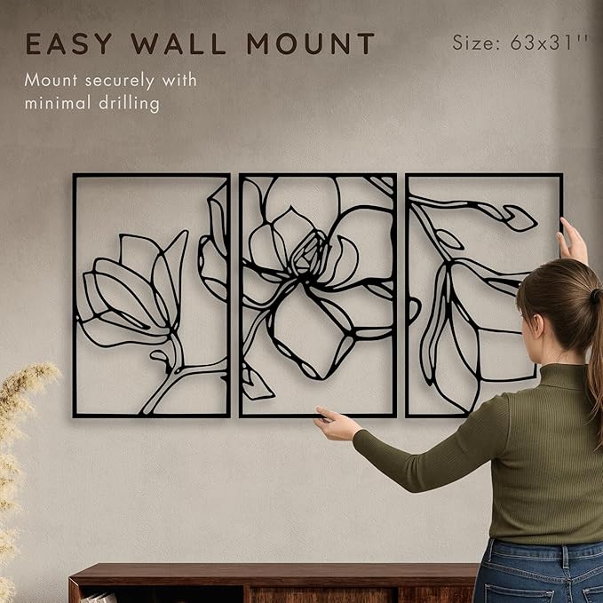 Wita Home Poppy Flower Metal Wall Art, 3-Panel Botanical Line Design, Modern Floral Wall Decor for Living Room, Bedroom, Office, Indoor & Outdoor Display (63×31 inches)